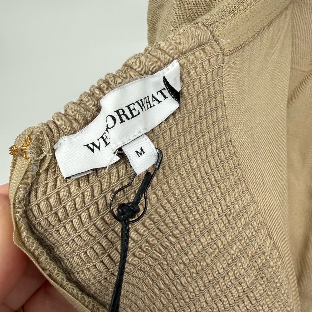 WeWoreWhat Revolve Tan Linen Blend A-Line Midi Strapless in SAFARI Pockets! Med - Picture 4 of 16